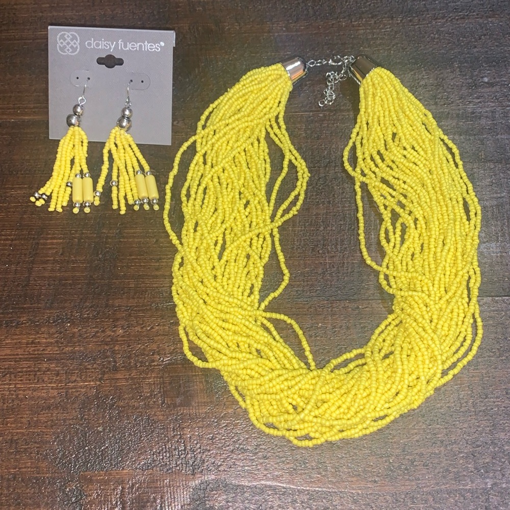 NWOT Yellow Beaded multi strand necklace and matching earrings